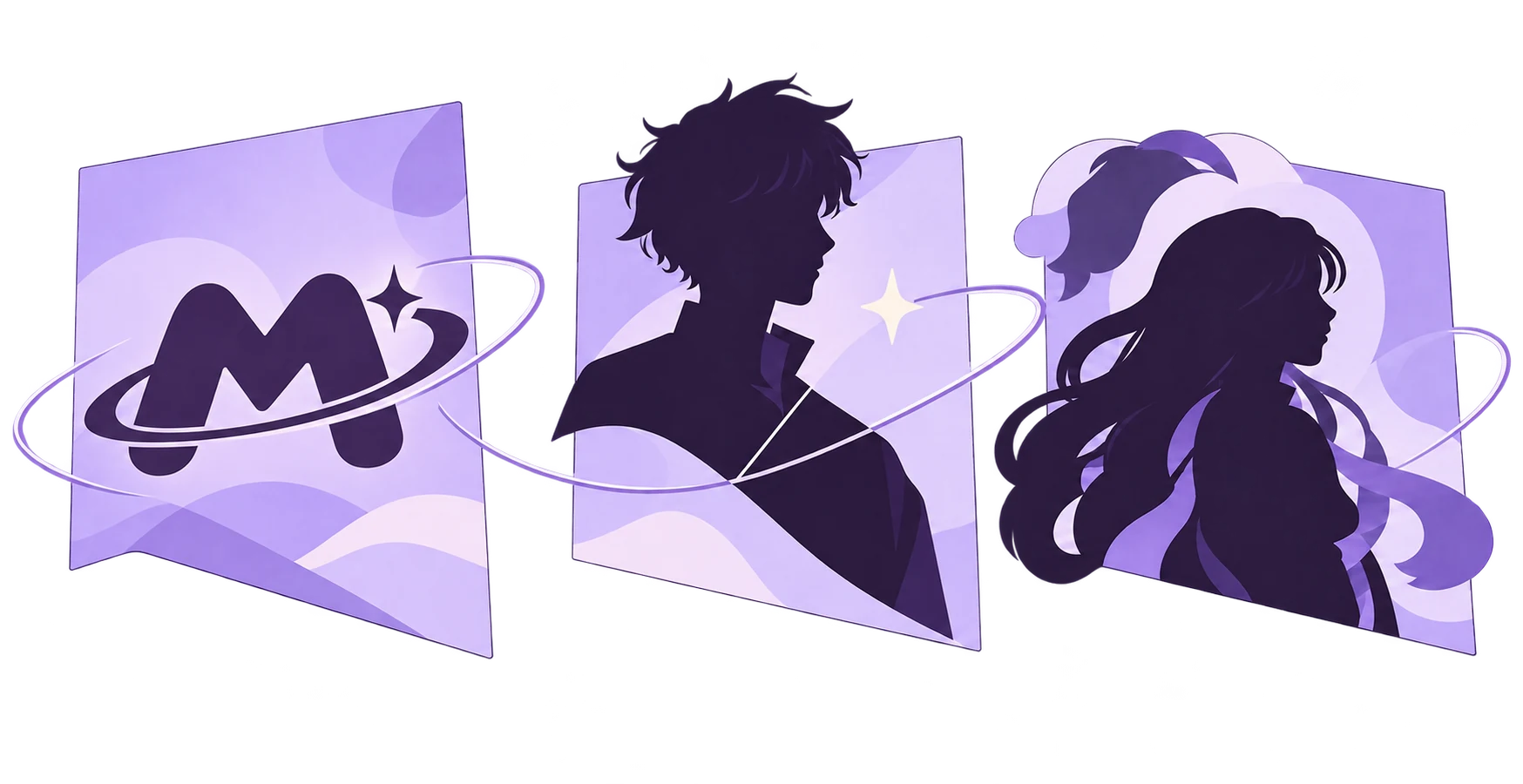 The MOKO M and orbit identity beside two original character portraits