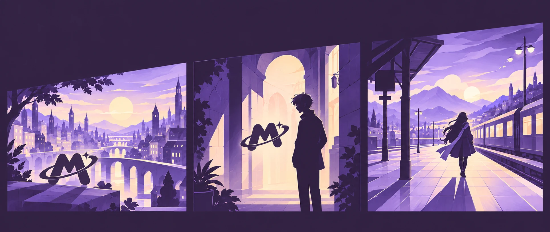 Three illustrated story moments: a city overlook, a meeting at a doorway and a departure at a train station